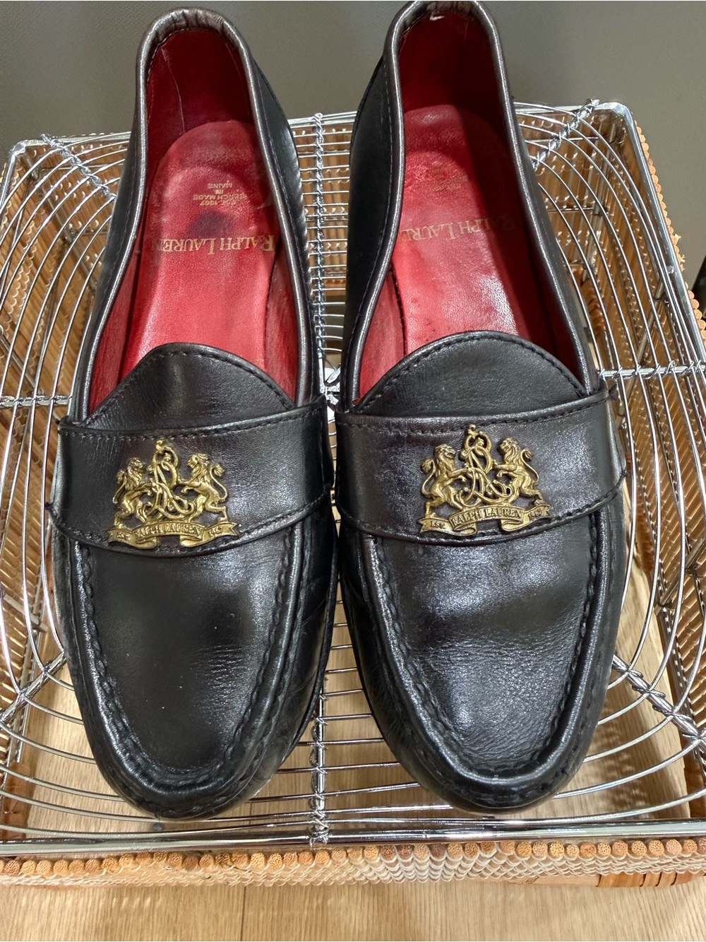 Vintage 80s Ralph Lauren Black Leather Gold Crest Loafers Maine 6 1/2B Rare
